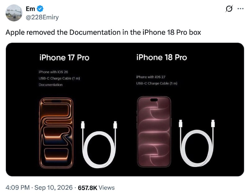 📲 Apple iPhone 18 Pro qutisidan yana nimadir olib tashlashning baribir uddasidan chiqdi — yangi qurilmalar qutisiga endi qo’llanma solinmaydi.
